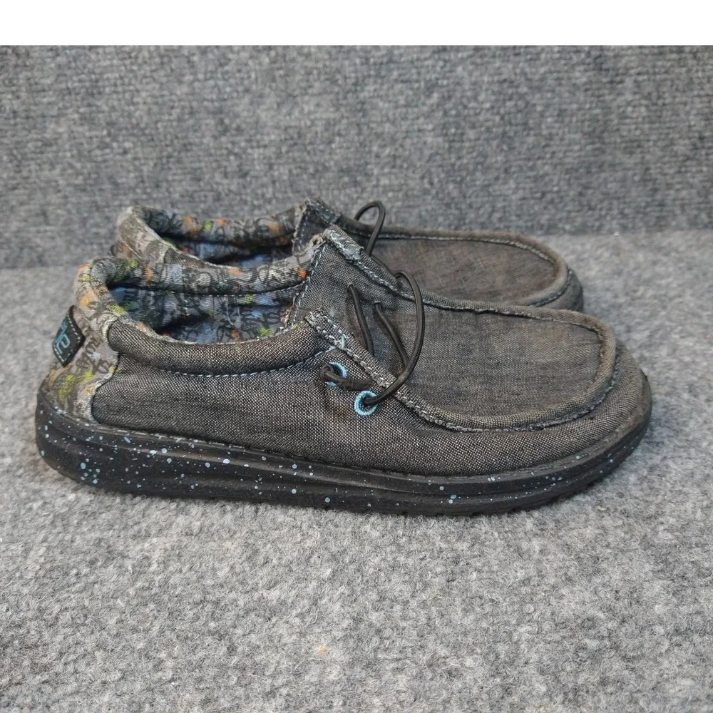 Hey Dude Wally Loafers Kids Size 2 Charcoal Grey Canvas Speckled Sole Slip On